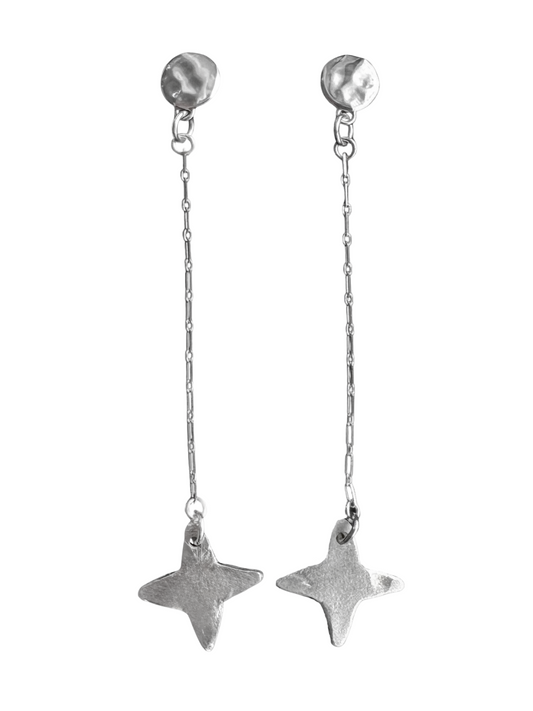 Pair of silver star-shaped earrings on a white background