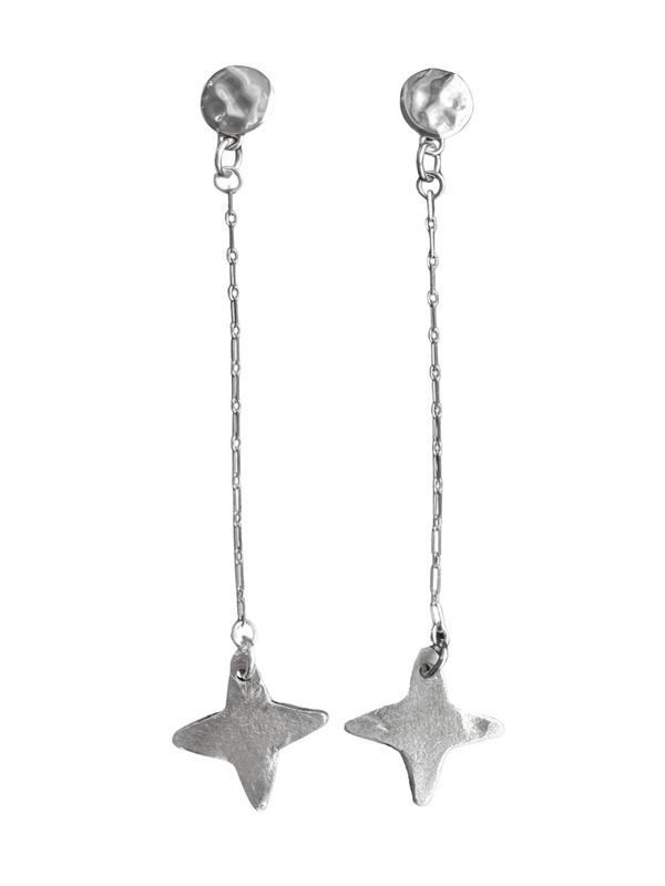 Pair of silver star-shaped earrings on a white background